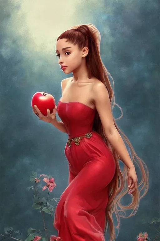 Image similar to beautiful cottagecore Ariana Grande holding a Red Apple, intricate, elegant, highly detailed, digital painting, artstation, concept art, smooth, sharp, focus, illustration, art by artgerm and greg rutkowski and alphonse mucha