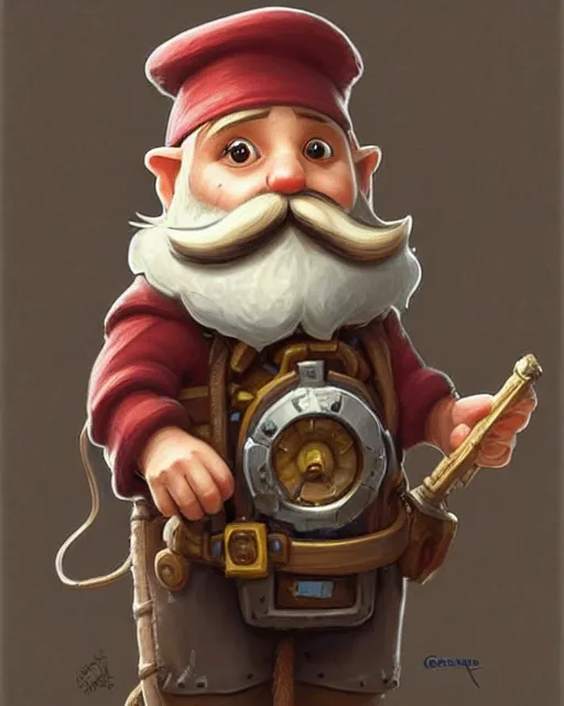 Image similar to A little engineer gnome with a bushy moustache, his tired and grubby with oil stains, standing next to a little mechanical squirrel , deep focus, D&D, fantasy, intricate, elegant, highly detailed, digital painting, artstation, concept art, matte, sharp focus, illustration, hearthstone, art by Artgerm and Greg Rutkowski and Alphonse Mucha