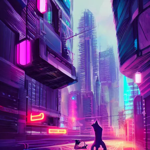 Prompt: A cat strolling in a futuristic city with neon lights, highly detailed, artstation