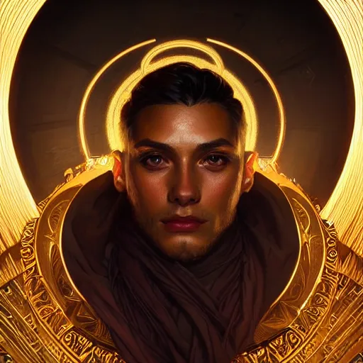 Image similar to portrait of a young handsome dark god, gold wires, intricate, headshot, highly detailed, digital painting, artstation, concept art, sharp focus, cinematic lighting, illustration, art by artgerm and greg rutkowski, alphonse mucha, cgsociety