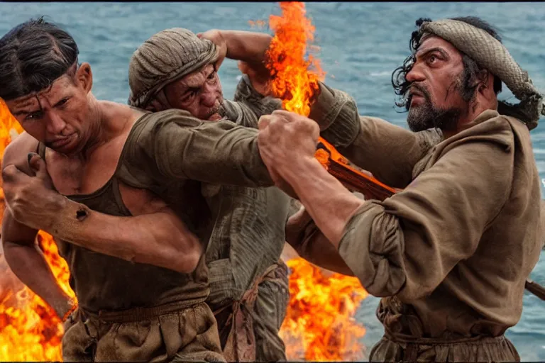 Image similar to film still of the best fight scene from the new pacific movie, set in dubai