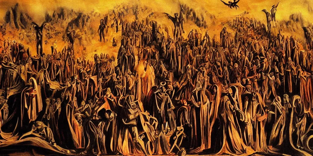 Image similar to dante's inferno painting, with people in black hooded tunic like in the film eyes wide shut of stanley kubrick, illuminati symbol, crows, skeletons, crosses, jesus, dark beauty, rotten gold, perfect faces, extremely detailed, cinema 4 d, unreal engine.