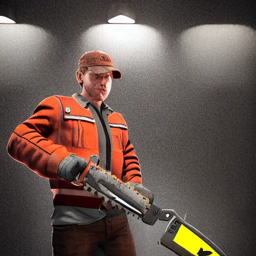 Image similar to portrait of the human with chainsaw instead of head and hands, unreal engine 5, ps5, highly detailed, gloomy lighting, photorealistic, 8k