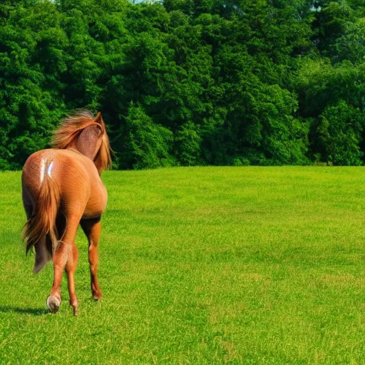 Image similar to a photo of a centaur walking alone in a green field with nice bright weather