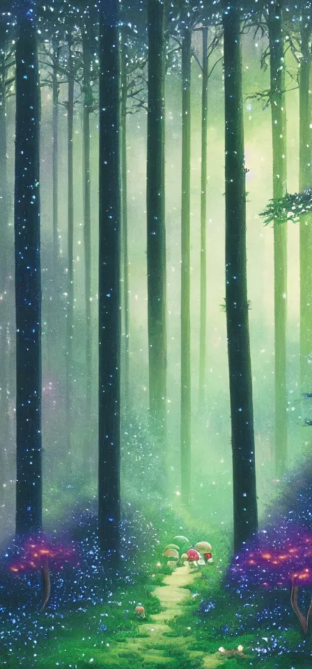 Prompt: Forest of redwood trees, studio ghibli, green grass, nighttime, twilight skyline, silhouette of trees, stars, fantasy, pastel colors, mushrooms, small animals, trees outlined in moonlight against the sky, fairies, summer night, fireflies, grass, in the style of a Thomas Kinkade oil painting