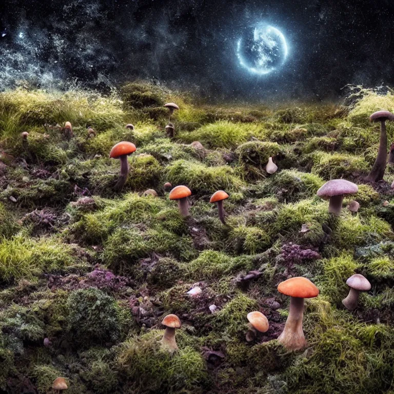 Image similar to a planet of various fungus, mushrooms and plants, inside the picture is infinity, Atmospheric phenomenon, artistic photography, muted colors, conceptual, long exposure outside the city, volumetric light