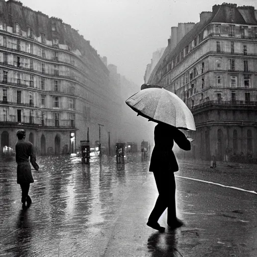 Image similar to the man leaping with an umbrella in a raining paris street, by henri cartier bresson,