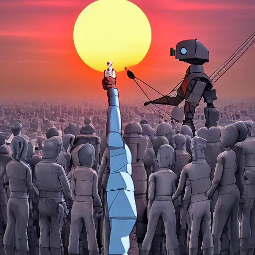 Image similar to memorial statue for the iron giant surrounded by people at sun set, 4 k, realism, metal iron giant statue