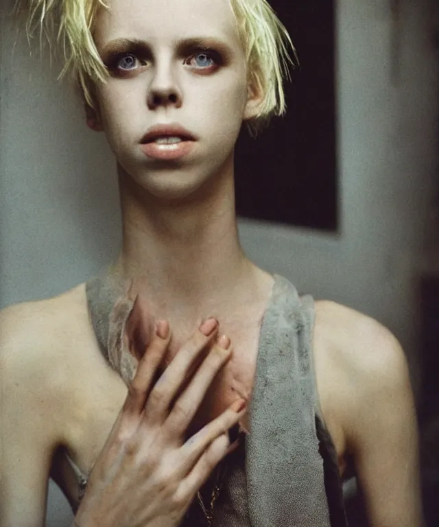 Image similar to a color photograph of edie campbell, bleached blonde short hair, by nan goldin, intense, bold, hyperrealistic, ultra sharp, extra details, ultra high quality, trending on pinteresst