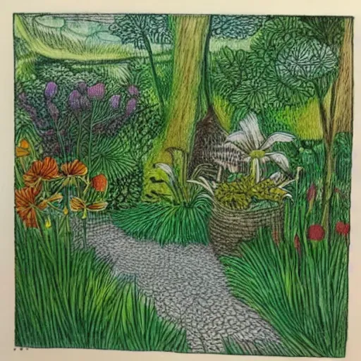 Image similar to Beautiful lush garden. Etching and engraving with colored pencil.