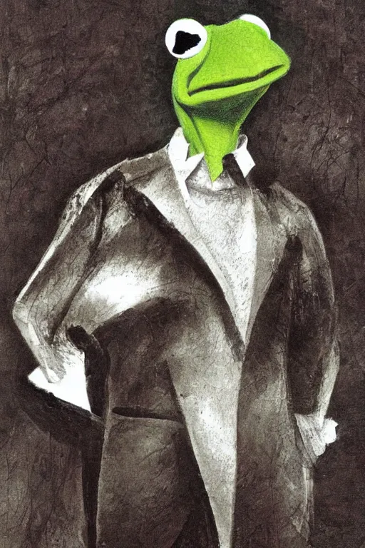 Image similar to solemn portrait of Kermit the frog by Dave McKean