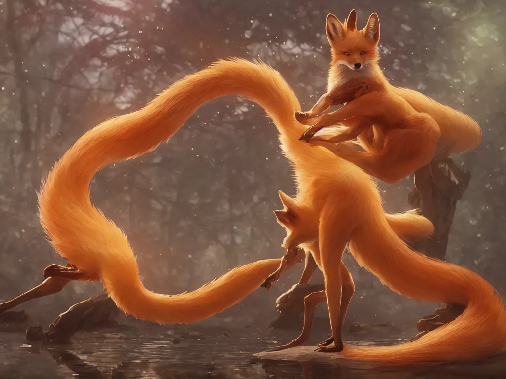 Prompt: three - tailed fox, realistic, canon eos, 4 5 mm bokeh, extremely detailed, unreal engine 5, rtx reflections, concept art by artgerm, greg rutkowski, alphonse mucha