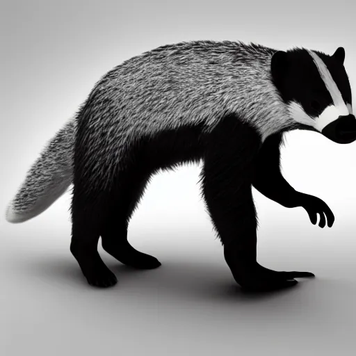 Prompt: a bipedal badger walking on white background towards the camera, he‘s wearing a red scarf, digital render