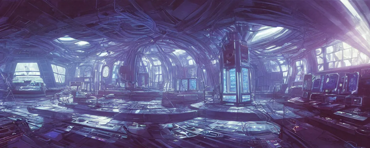 Image similar to interior of the TARDIS , time rotor, thick blue mist, low ceiling, cables hanging from ceiling, thick cables on ground, god rays of light, huge computer screens, neons, saturated top light , epic scene, panoramic, scifi, illustration, art by Juan Giménez and moebius