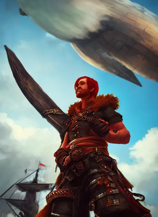 Prompt: An epic fantasy comic book style portrait painting of a red headed male sky-pirate in front of an airship, unreal 5, DAZ, hyperrealistic, octane render, cosplay, RPG portrait, dynamic lighting