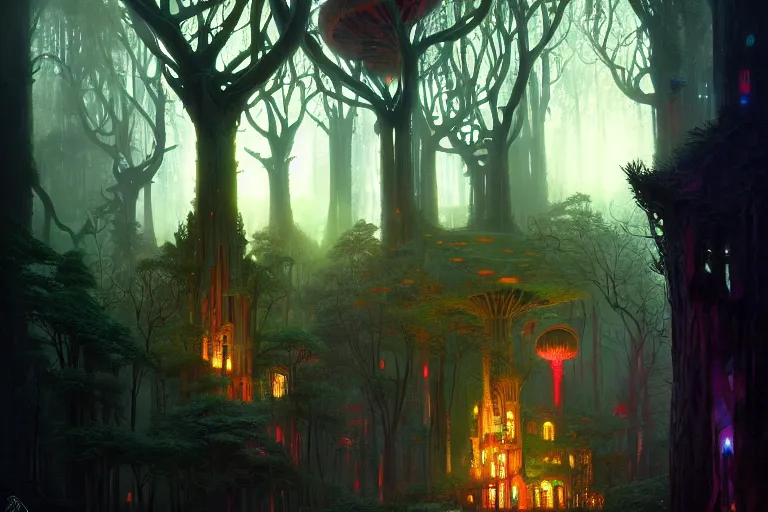 Prompt: mansion from hundertwasser and gaudi in a deep mystical forest, dynamic lighting, art by greg rutkowski and peter mohrbacher on artstation, fantasy art, glowing lights, giant mushroom