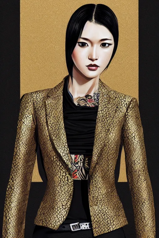 Image similar to yakuza slim girl, gold suit jacket in snake print, jacket over bare torso, yakuza tattoo Irezumi on body, black short curtain haircut, black leather pants with black belt, portrait, beautiful face, elegant, 2d, ultra highly detailed, digital painting, smooth, sharp focus, artstation, art by Ilya Kuvshinov, rossdraws