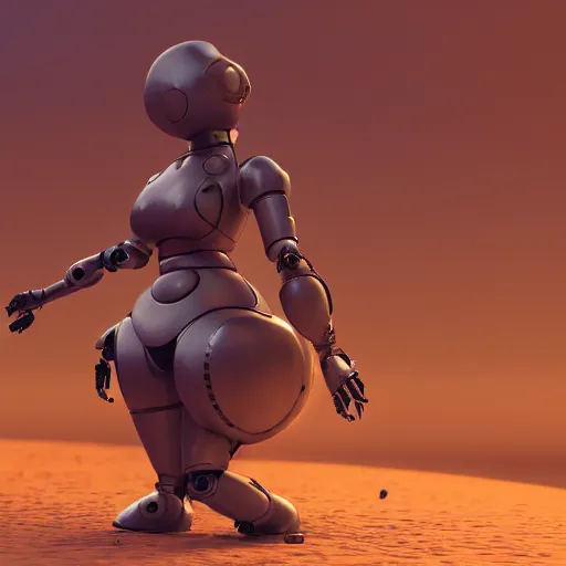 Image similar to nymph render of a very cute 3d robot machine from nier automata, red eyes, made of iron, full round face, short smile, golden hour, desert setting, medium shot, mid-shot, highly detailed, trending on Artstation, Unreal Engine 4k