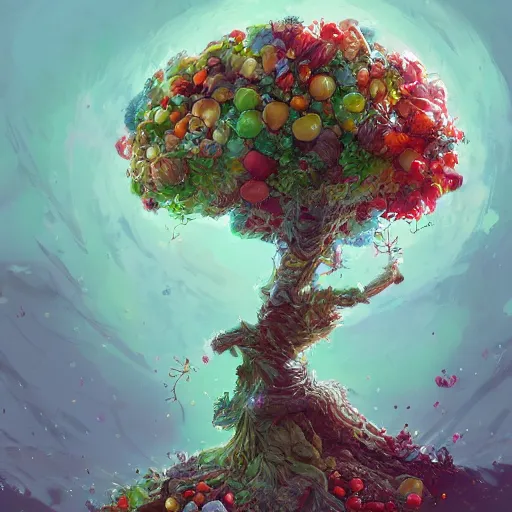 Image similar to tree made of all kinds fruits, by rossdraws, james jean, andrei riabovitchev, marc simonetti, yoshitaka amano, artstation, cgsociety