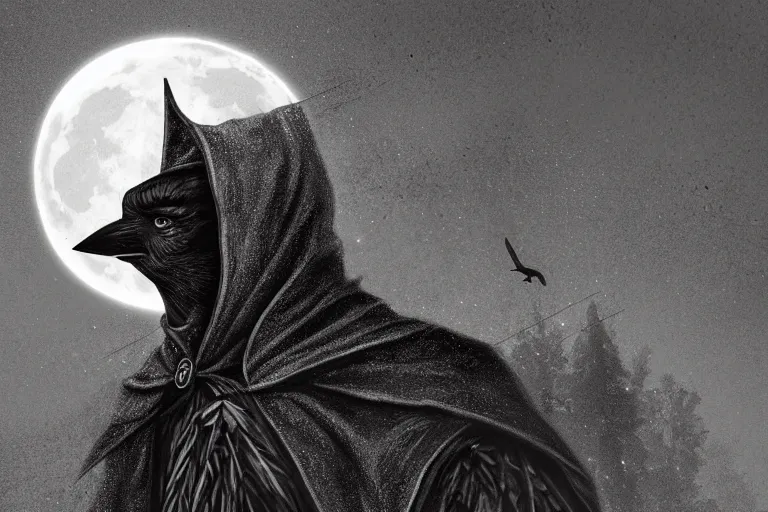 Prompt: a blind old wizard in a tall pointed hat, dark night, full moon, extreme close up, crows on the oak tree, highly detailed digital art, photorealistic