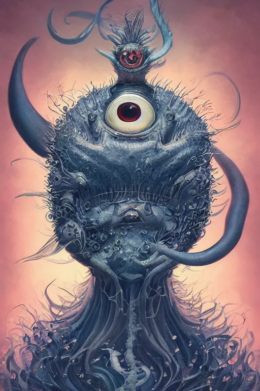 Image similar to a portrait of a deep sea japanese devil animal with big eye illustrated by miyazaki by karol bak, james jean, tom bagshaw, rococo, sharp focus, trending on artstation, cinematic lighting, hyper realism, octane render, 8 k, hyper detailed, vivid, ultra detailed, highly detailed