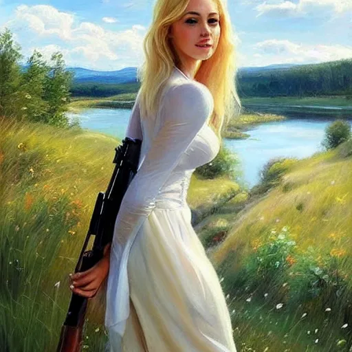 Image similar to mysterious blonde woman in hot dress in the swedish countryside, holding a shotgun!!!, freedom, scenic, beautiful, masterpiece, highly detailed, painting by vladimir volegov