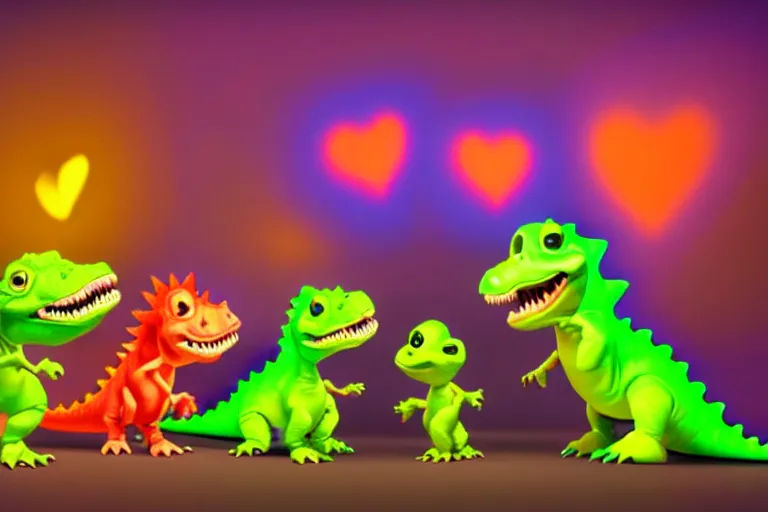 Prompt: pixar designed cute, smiling chibi style baby dinosaurs made entirely out of glowing electrified plasma, having fun inside a psychedelic realm made entirely out of love and acceptance and hypercolors. astral beings sharing love. renderman ray tracing