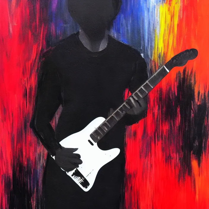 Image similar to large diagonal brush strokes, abstract dark painting of a young korean male musician wearing black tank top holding a telecaster!!! electric guitar!! in a dark room, thick flowing dramatic brush strokes, matte colors, abstract, impressionist, motion, trending on artstation