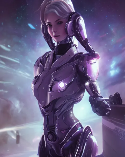 Image similar to perfect android girl on a mothership, warframe armor, beautiful face, scifi, futuristic, galaxy, nebula, raytracing, dreamy, long white hair, blue cyborg eyes, sharp focus, cinematic lighting, highly detailed, artstation, divine, by gauthier leblanc, kazuya takahashi, huifeng huang