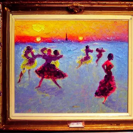 Prompt: impressionist painting of salsa dancers near the seine at sunset