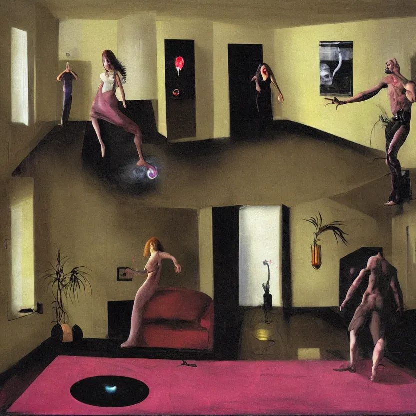 Prompt: Realistic image of a man and woman start to bounce in a living room of a house, floating dark energy surrounds the middle of the room. There is one living room plant to the side of the room, surrounded by a background of dark cyber mystic alchemical transmutation heavenless realm, by francis bacon and Jenny seville, midnight hour, part by adrian ghenie, part by jeffrey smith, part by josan gonzales, part by norman rockwell, part by phil hale, part by kim dorland, artstation, highly detailed