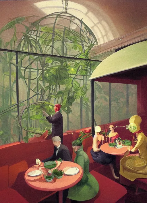 Prompt: spherical people with gas masks at restaurant overgrown with vegetation in the style of Edward Hopper and James Gilleard, Zdzislaw Beksinski, open ceiling, highly detailed, painted by Francis Bacon, painted by James Gilleard, surrealism, airbrush, Ilya Kuvshinov, WLOP, Stanley Artgerm, very coherent, art by Takato Yamamoto and James Jean