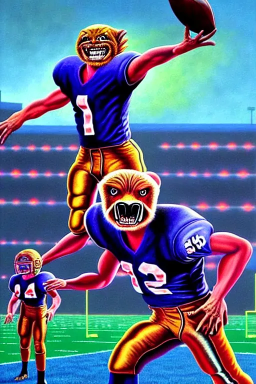 Prompt: a hyperrealistic painting of a chimeric creature scoring a touchdown on the foot ball field. cinematic horror by chris cunningham, lisa frank, richard corben, highly detailed, vivid color,