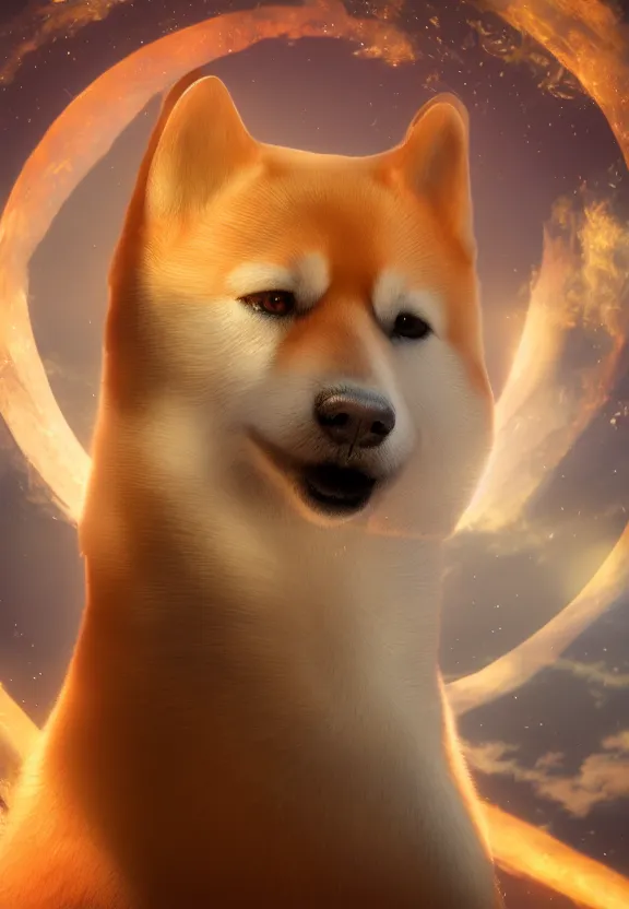 Image similar to a portrait of a shiba inu wearing a robe in heaven, circular, glowing, circle, unreal engine, octane render, artstation, digital art.