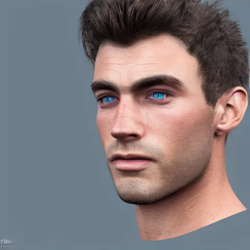Prompt: 3 d render of a handsome man's face, brown hair, blue eyes, chiseled jaw, photorealistic, trending on artstation, ambiant lightning