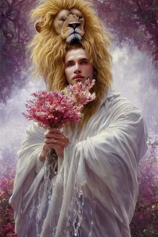 Image similar to portrait male anthro lion character wearing a white cloak, holding a bouquet of flowing flowers, water drenched body, wet dripping hair, emerging from the water, fantasy, regal, fractal crystal, fractal gems, by stanley artgerm lau, thomas kindkade, alphonse mucha, loish, norman rockwell