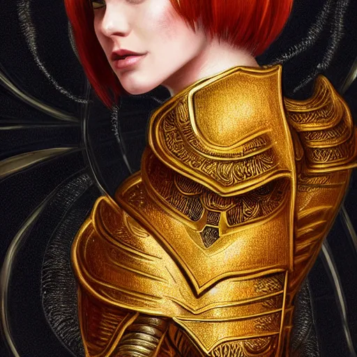 Prompt: a beautiful woman wearing gold armor, redhead, short hair, digital art, extremely detailed