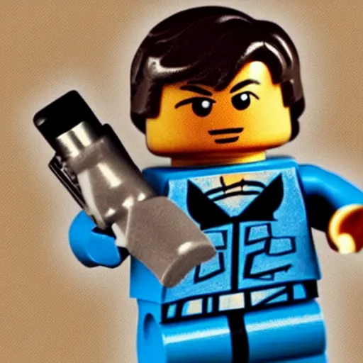 Prompt: han solo holding a blue lightsaber lego figure