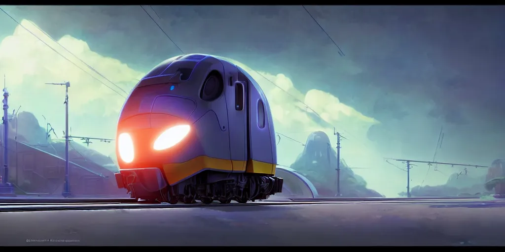 Prompt: futuristic train designed by apple, studio ghibli, pixar and disney animation, sharp, rendered in unreal engine 5, anime key art by greg rutkowski, bloom, dramatic lighting