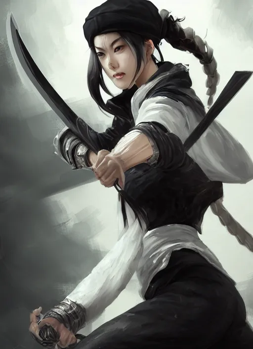 Image similar to a highly detailed illustration of fierce messy ponytail black haired one armed delinquent japanese woman wearing white cap wearing long white jacket, dramatic wielding sword pose, muscular, intricate, elegant, highly detailed, centered, digital painting, artstation, concept art, smooth, sharp focus, league of legends concept art, wlop.