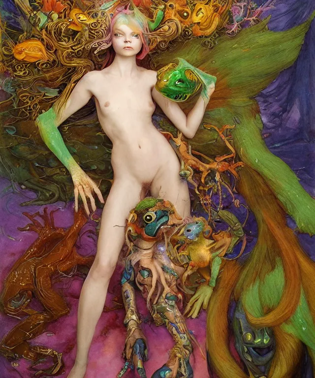 Prompt: a portrait photograph of a colorful alien harpy elf super villian with amphibian skin and animal paws. she looks like elle fanning and is being wrapped in a colorful slimy organic membrane catsuit. by donato giancola, hans holbein, walton ford, gaston bussiere, peter mohrbacher and brian froud. 8 k, cgsociety, fashion editorial