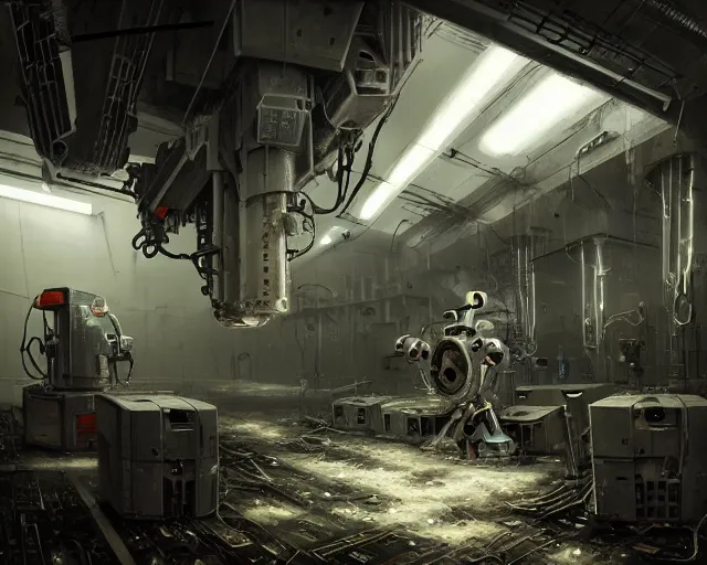 Image similar to robo in gloomy ruined server room in datacenter robot painting concept art of automata rusty steel robot knight colossus welder pacing mono eyed, sharp focus, emitting diodes, smoke, artillery, sparks, racks, motherboard, by pascal blanche rutkowski repin artstation hyperrealism detailed matte painting, 4 k resolution blade runner