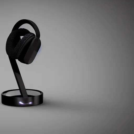 Image similar to wireless headphone stand, futuristic, techno, cyberpunk, product design, render, concept, fun, geometric