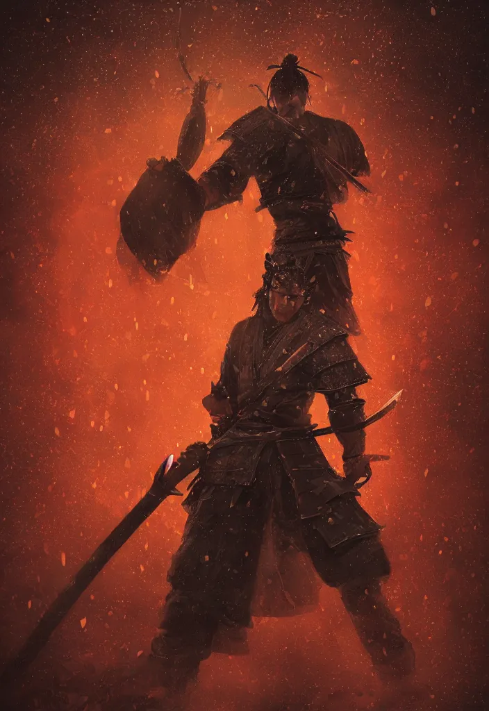 Image similar to a samurai holding his sword in a heroic pose while standing in heavy rain glowing at night, perfect lighting dark, magical, fantasy, trending on artstation, digital art.