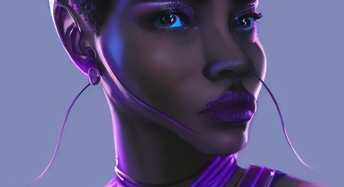 Prompt: portrait of beautiful cyberpunk black woman, rio de janeiro!! pao de acucar!! corcovado ipanema!! foggy on the background, soft purple lighting digital art trending on artstation concept art