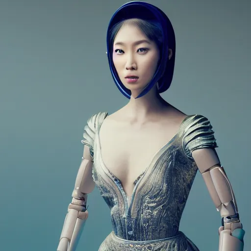 Image similar to portrait of a stunningly beautiful asian female robot , depth of field, zeiss lens, detailed, symmetrical, centered, fashion photoshoot, by Annie Leibovitz and Steve McCurry, David Lazar, Jimmy Nelsson, Breathtaking, 8k resolution, extremely detailed, beautiful, establishing shot, artistic, hyperrealistic, beautiful face, octane render