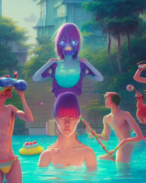 Image similar to highly detailed surreal vfx portrait of an anthropomorphic candy pool party, stephen bliss, unreal engine, greg rutkowski, loish, rhads, beeple, makoto shinkai and lois van baarle, ilya kuvshinov, rossdraws, tom bagshaw, global illumination, detailed and intricate environment