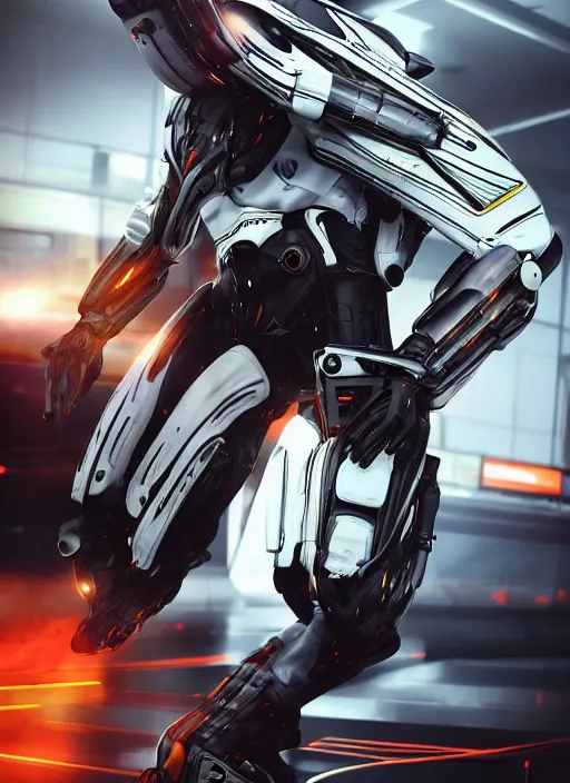 Image similar to a Photorealistic dramatic hyperrealistic full frame render of a Sleek futuristic exosuit Freedom Formula Racing Mech,Ultra realistic details,glossy white metal,Orange racing stripes,weathered surfaces,by Hidetaka Tenjin,Yoh Yoshinori,Yoji Shinkawa,Masamune Shirow,Beautiful dramatic dark moody tones and lighting,cinematic atmosphere,studio lighting,shadows,dark background, Octane render,8K