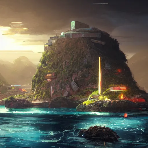 Image similar to a solarpunk city on a small rocky island in the middle of a violent sea, beautiful dynamic lighting, cinematic, wide angle establishing shot, extremely high detail, photo realistic, cinematic lighting, post processed, concept art, artstation, matte painting, style by eddie mendoza, raphael lacoste, alex ross, volumetric lighting, light rays, photorealistic, ultrarealistic, moody, coronarender, 8k