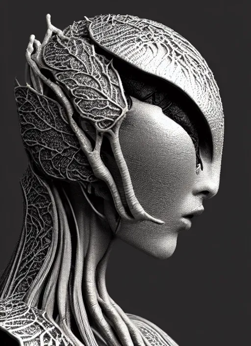 Prompt: bw close - up profile face, black background, beautiful young porcelain vegetal - dragon - cyborg - female, 1 5 0 mm, beautiful natural soft rim light, silver gold details, magnolia leaves and stems, roots, fine lace, mandelbot fractal, elegant, ultra detailed, white metallic armour, octane render, h. r. giger style